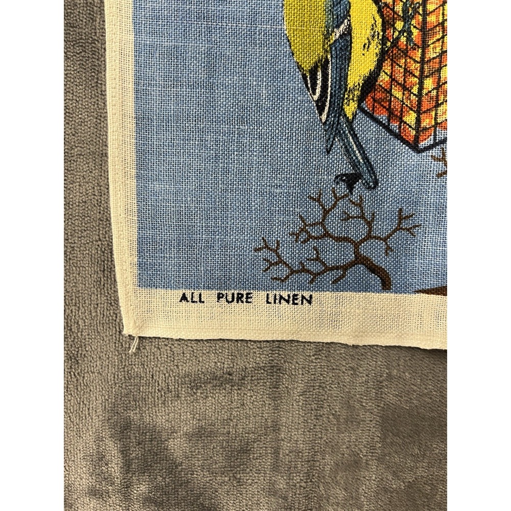 Pure Irish Linen  Vintage "Bird Table" Tea Towel by Ulster, Mint Condition